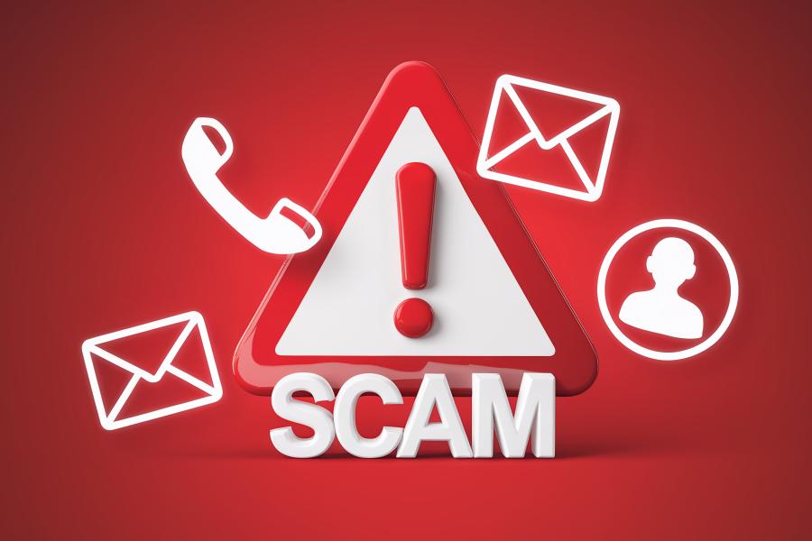 Red background with white images and the word Scam. Digital images show an exclamation mark, email and mail envelopes, old phone, and person icon. 